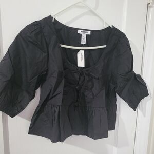 RSQ Black Puff Sleeve Blouse Tie Front SZ M Crop